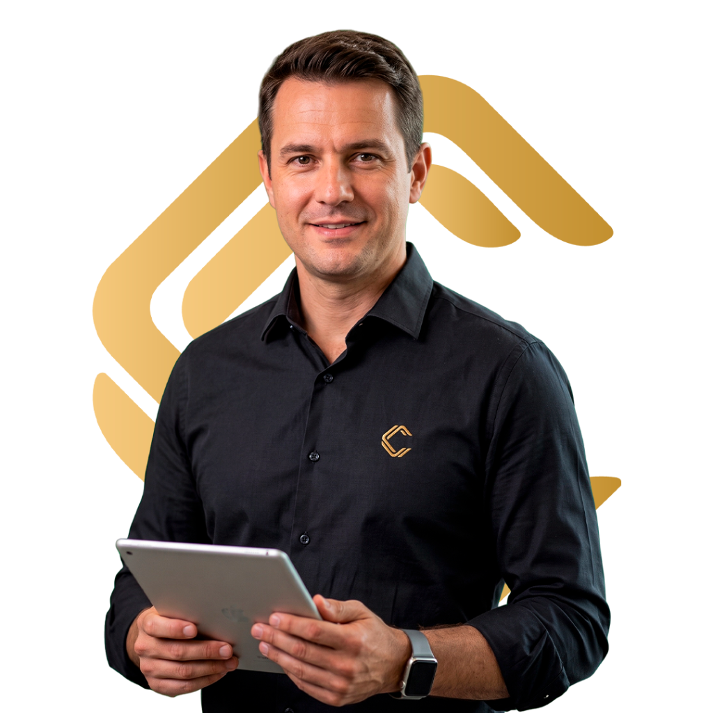 Profissional da Raros Contabilidade com tablet executivo